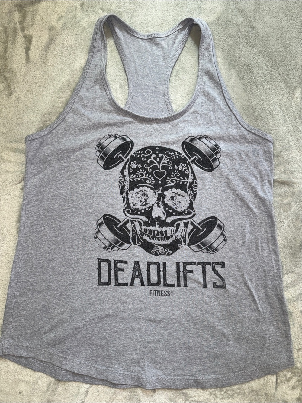 Deadlifts Fitness Gray Racerback Tank with Skull & Dumbbell Graphic